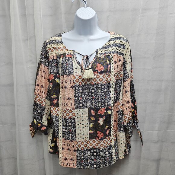 Falls Creek Pink Blue Patchwork Blouse Peasant Boho Festival Floral 1X - Picture 1 of 12
